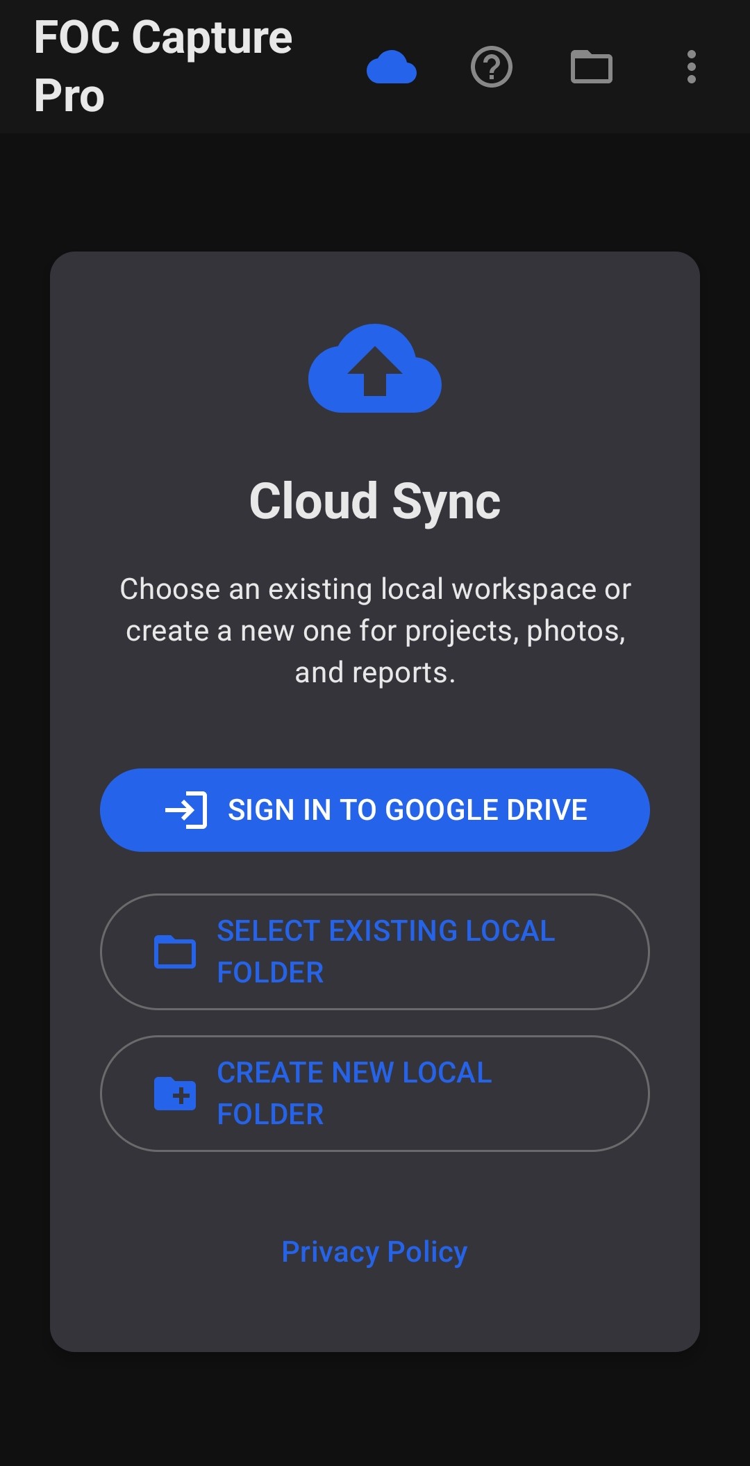 Cloud Sync screen with Sign in to Google Drive
