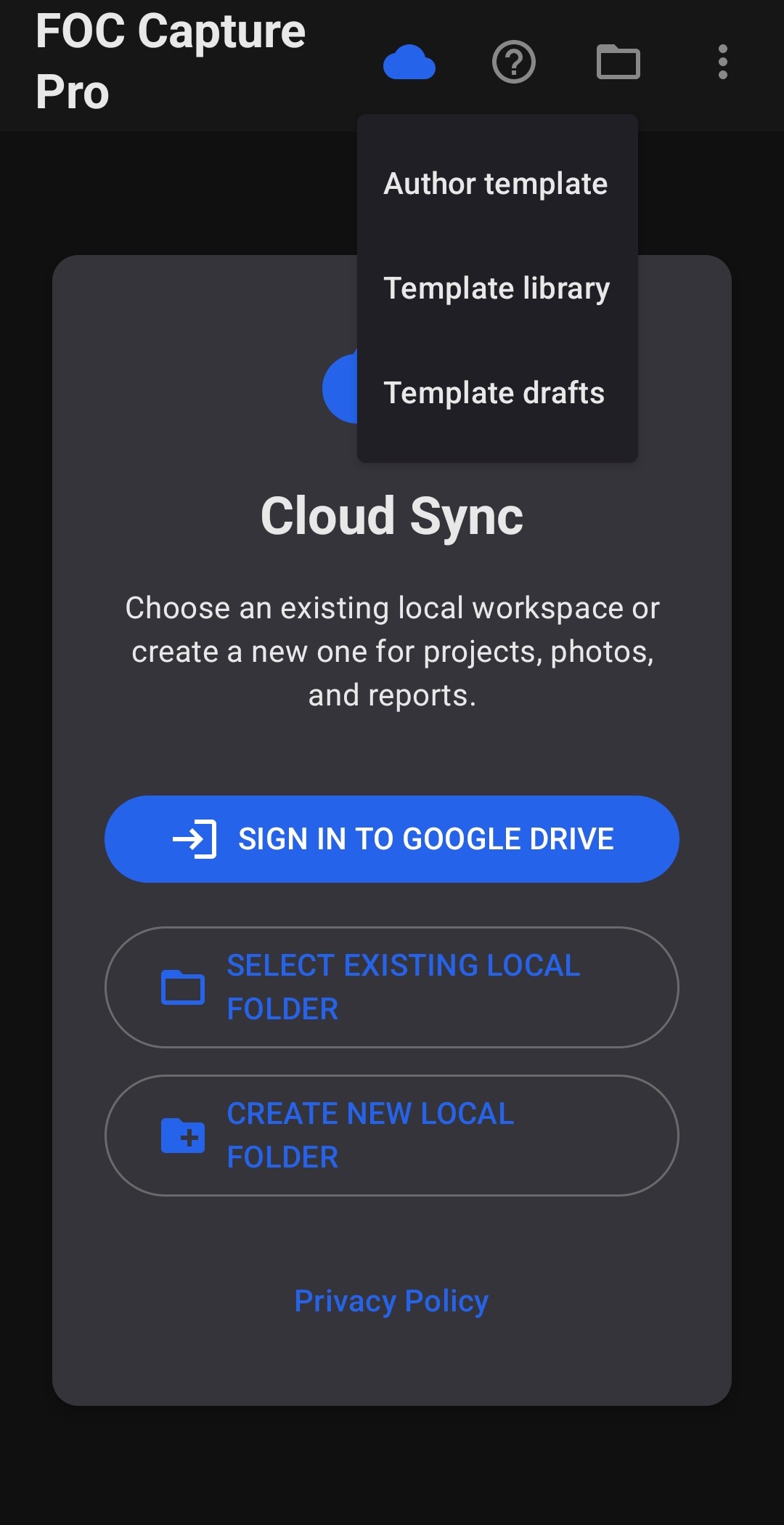 Template menu with Author template, Template library, Template drafts