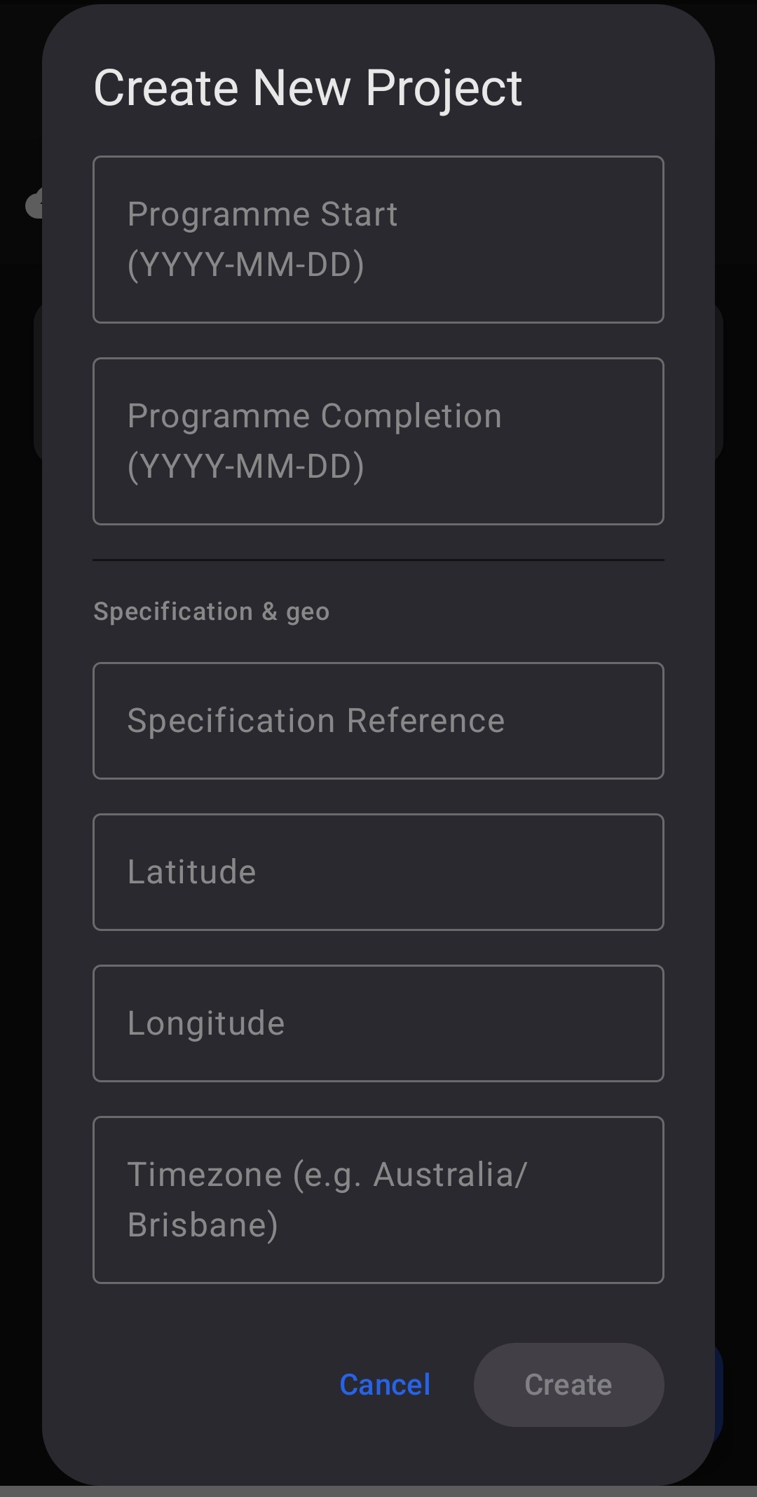 Programme dates, specification, latitude longitude timezone