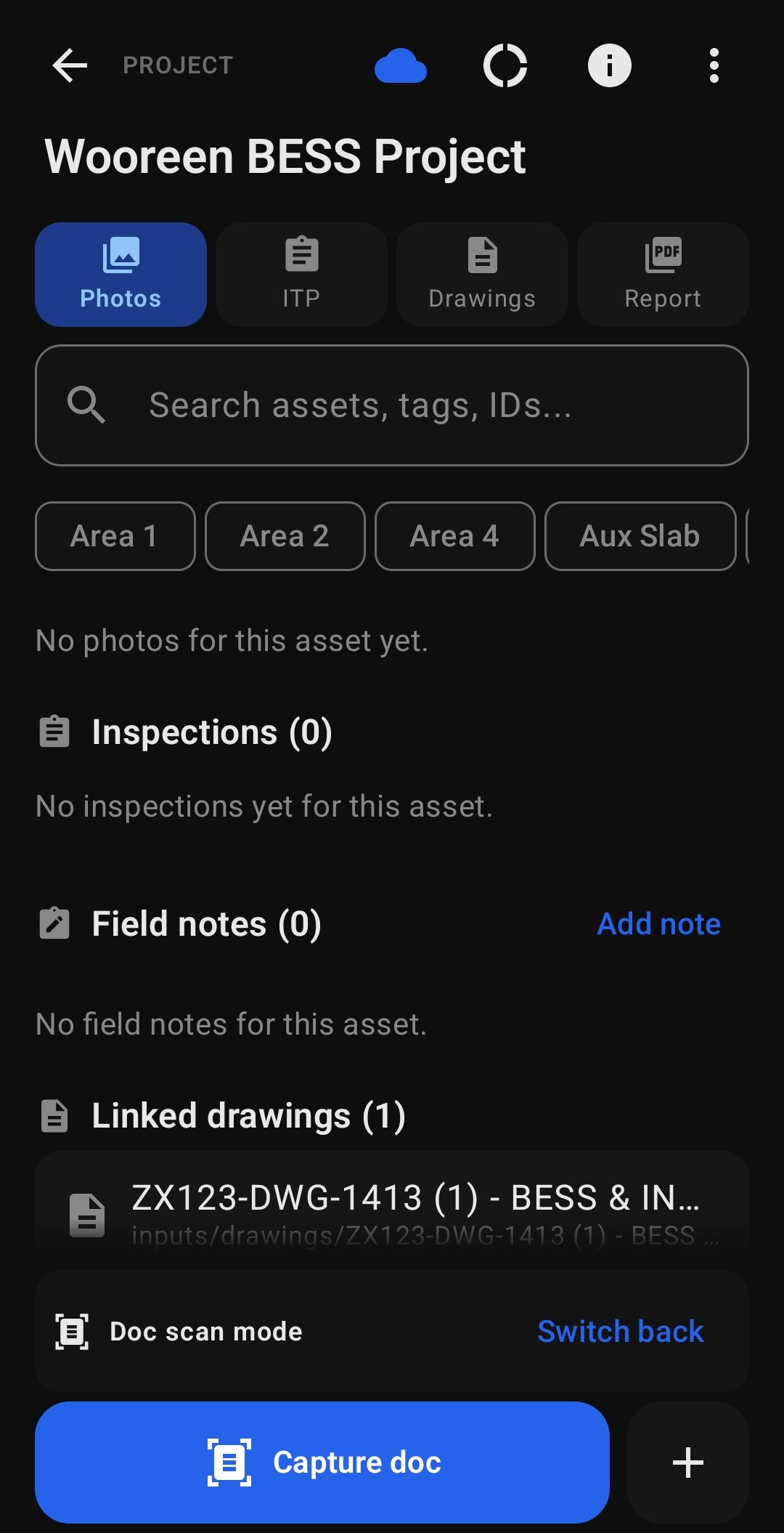 Project view showing Photos tab with area chips and inspections