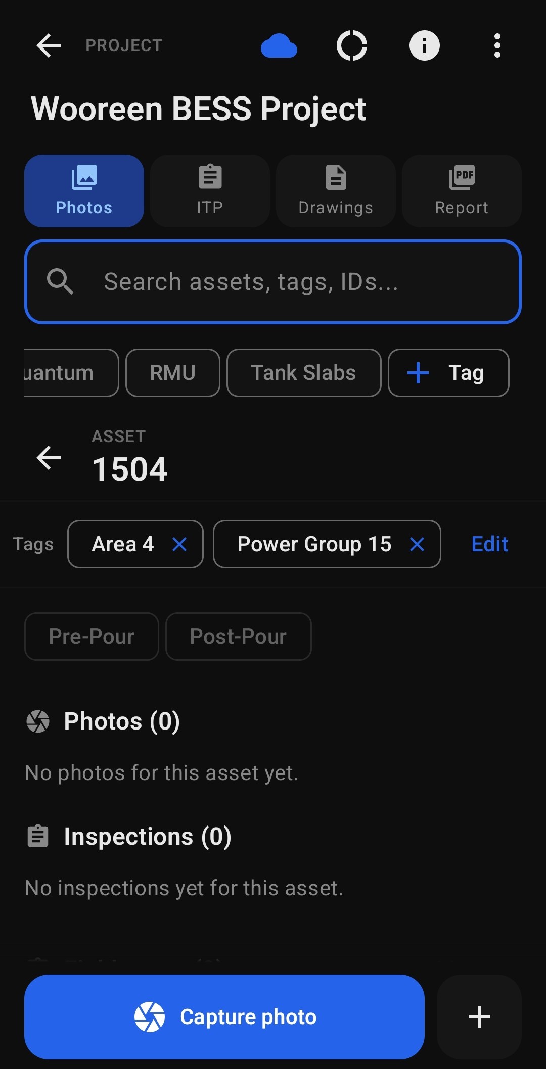 Asset 1504 with Area 4 and Power Group 15 tags, pre-pour post-pour stages