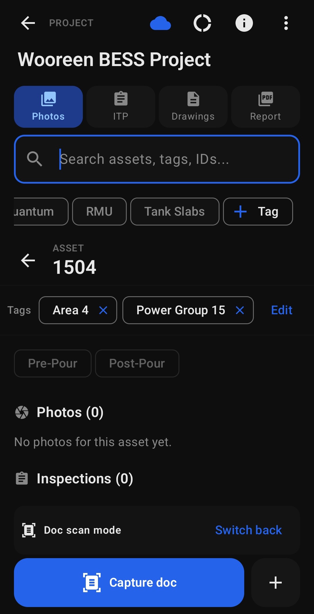 Doc scan mode capturing a document for an asset