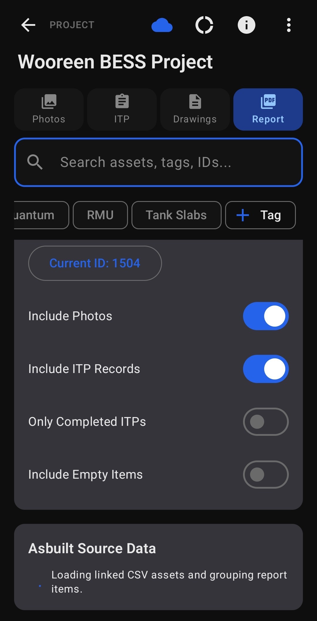 Report builder toggles for photos, ITP records, only completed ITPs, empty items