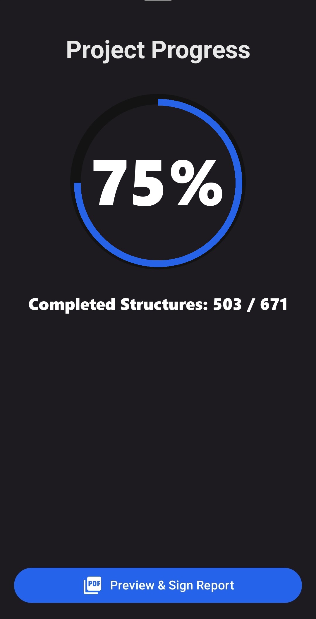 Project Progress modal showing 0 percent of 671 structures, Preview and Sign Report button