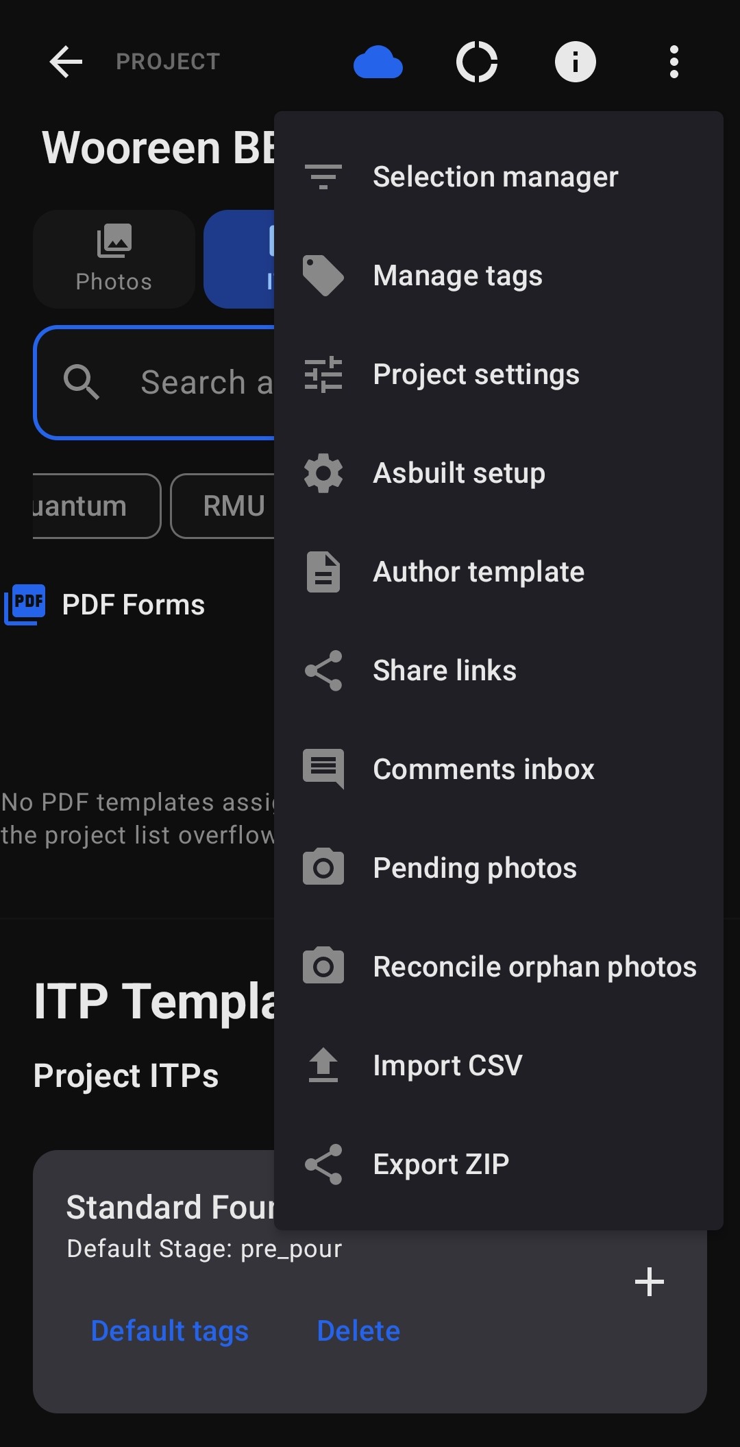 Project overflow menu with Selection manager, Manage tags, Project settings, Asbuilt setup, Author template, Share links, Import CSV, Export ZIP